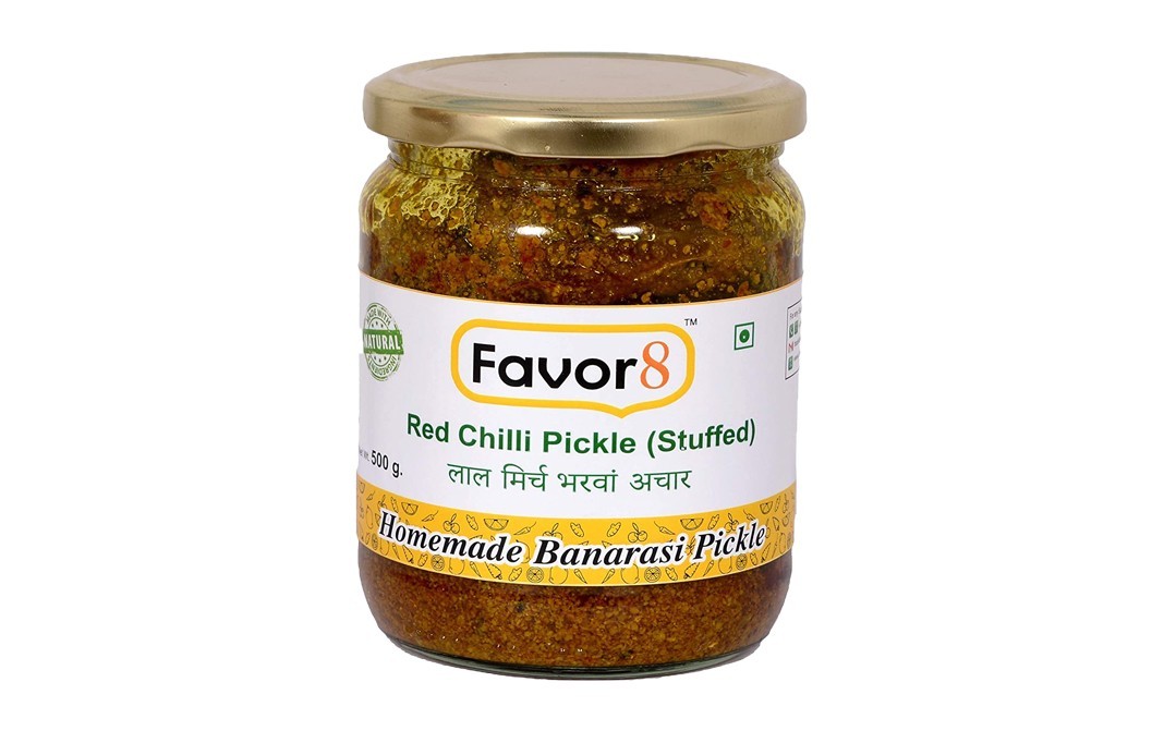 Favor8 Red Chilli Pickle (Stuffed)    Glass Jar  500 grams